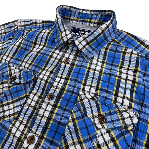 The North Face Plaid Flannel Shirt Mens Medium Blue Button Up Camping Outdoor - Picture 1 of 11
